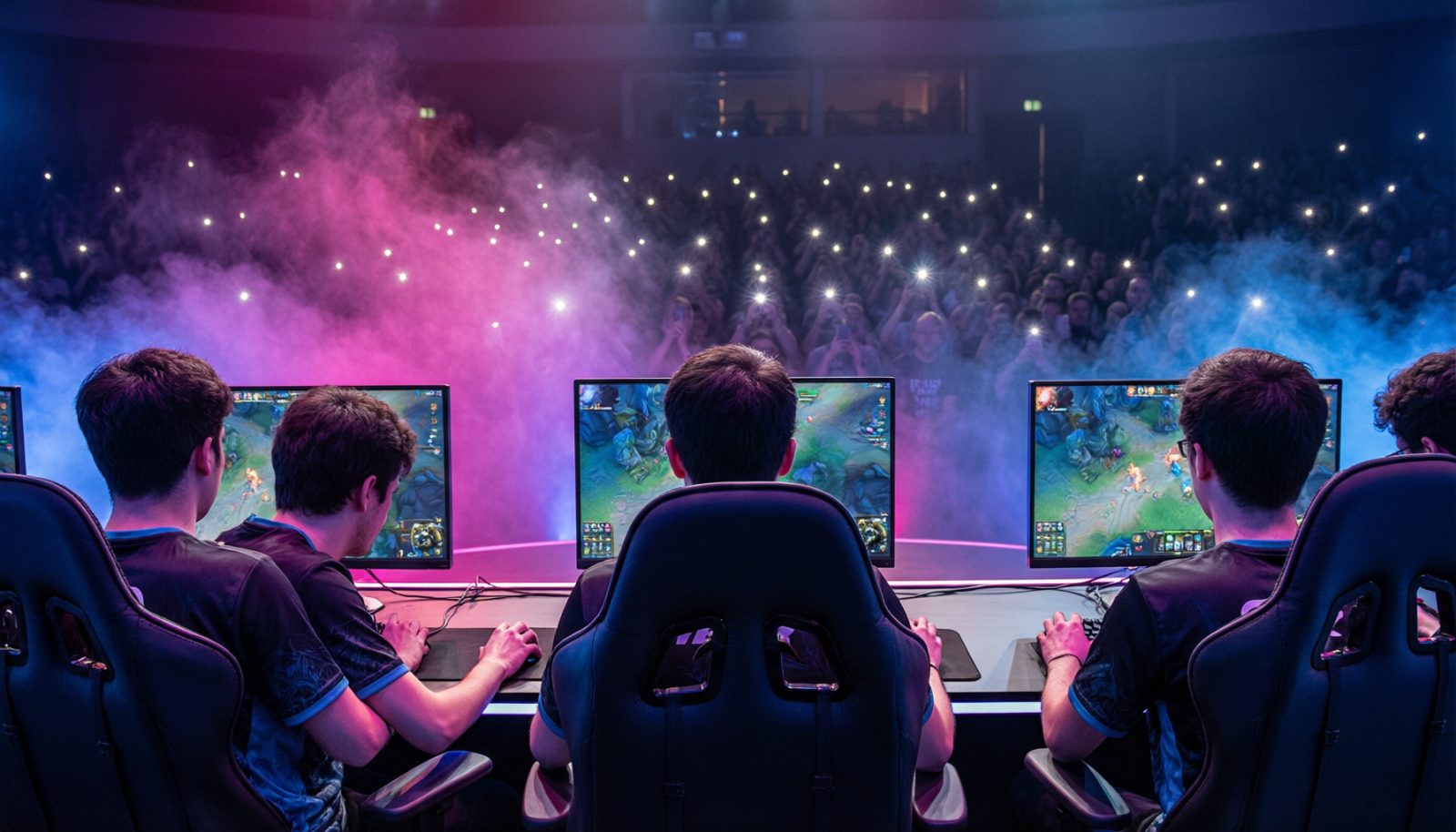 AI生成示意图:昏暗的电竞舞台,五名选手背对镜头坐在电脑前,屏幕蓝光映亮键盘